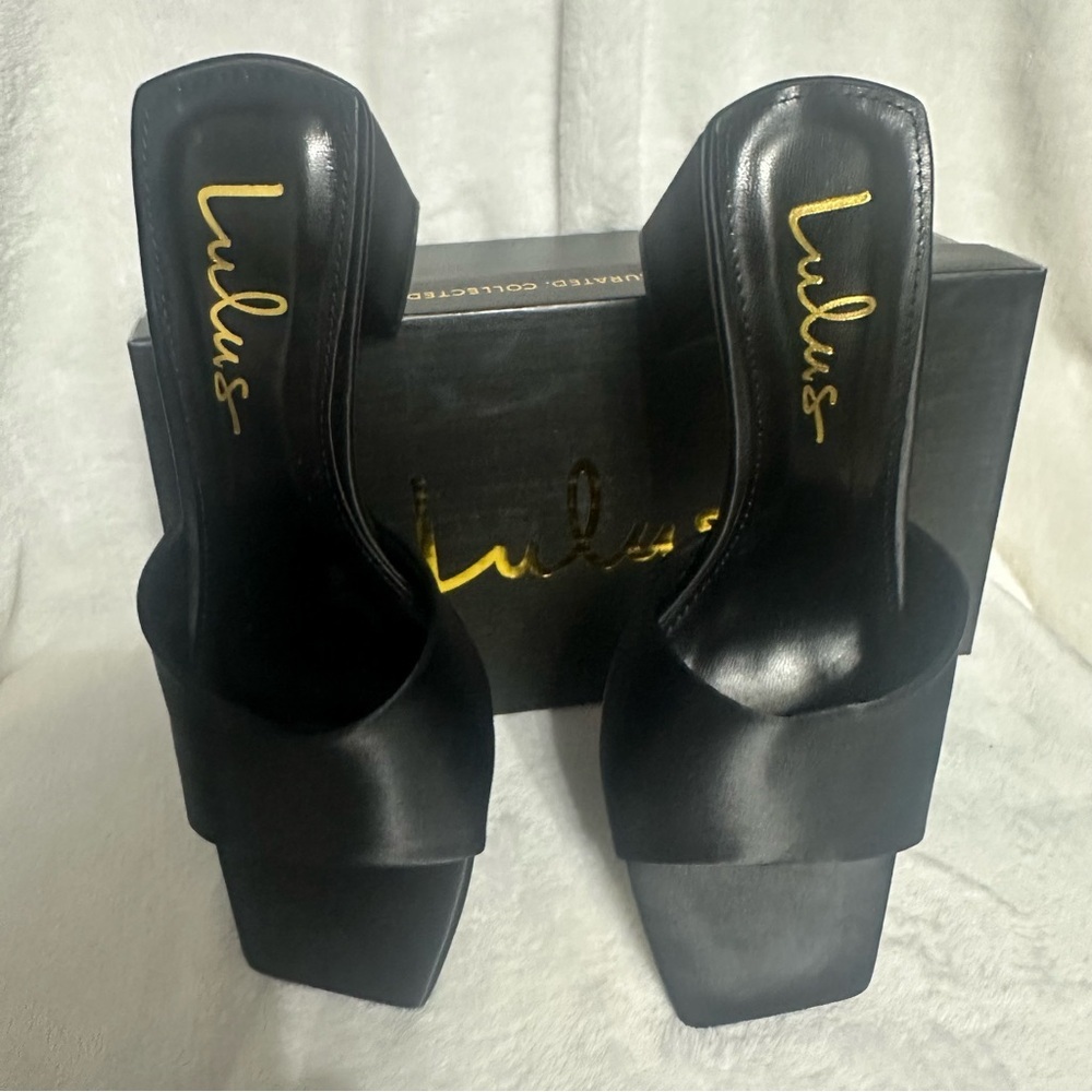Lulu's Satin Black Block Heel Mules Women’s 6.5 NIB - Picture 2 of 6